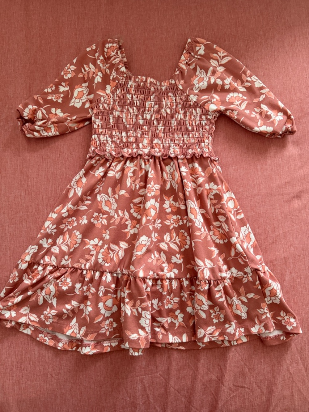 btween Rust Floral Smocked Midi Dress with Puff Sleeves